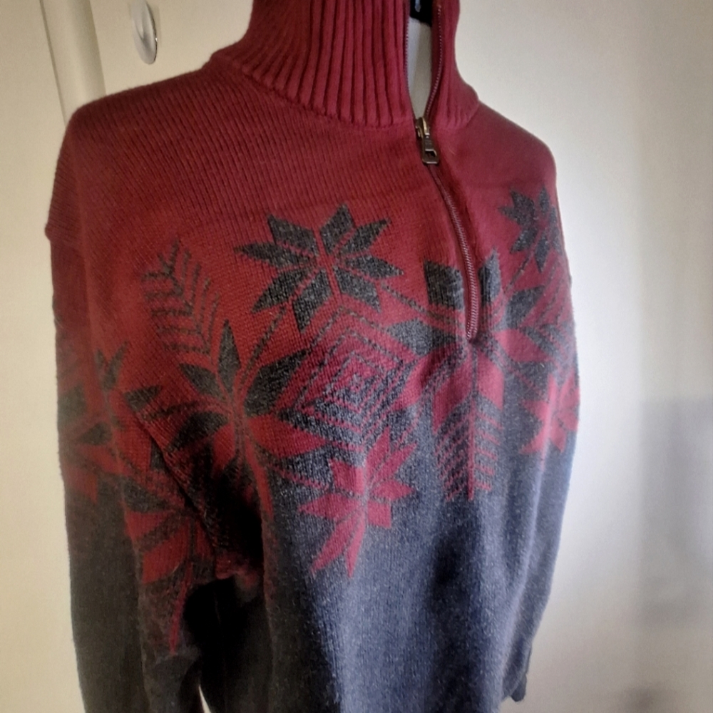 Wine Sweater Winter Scene W/ Zipper Front (Original Weatherproof Vintage Sz Lg